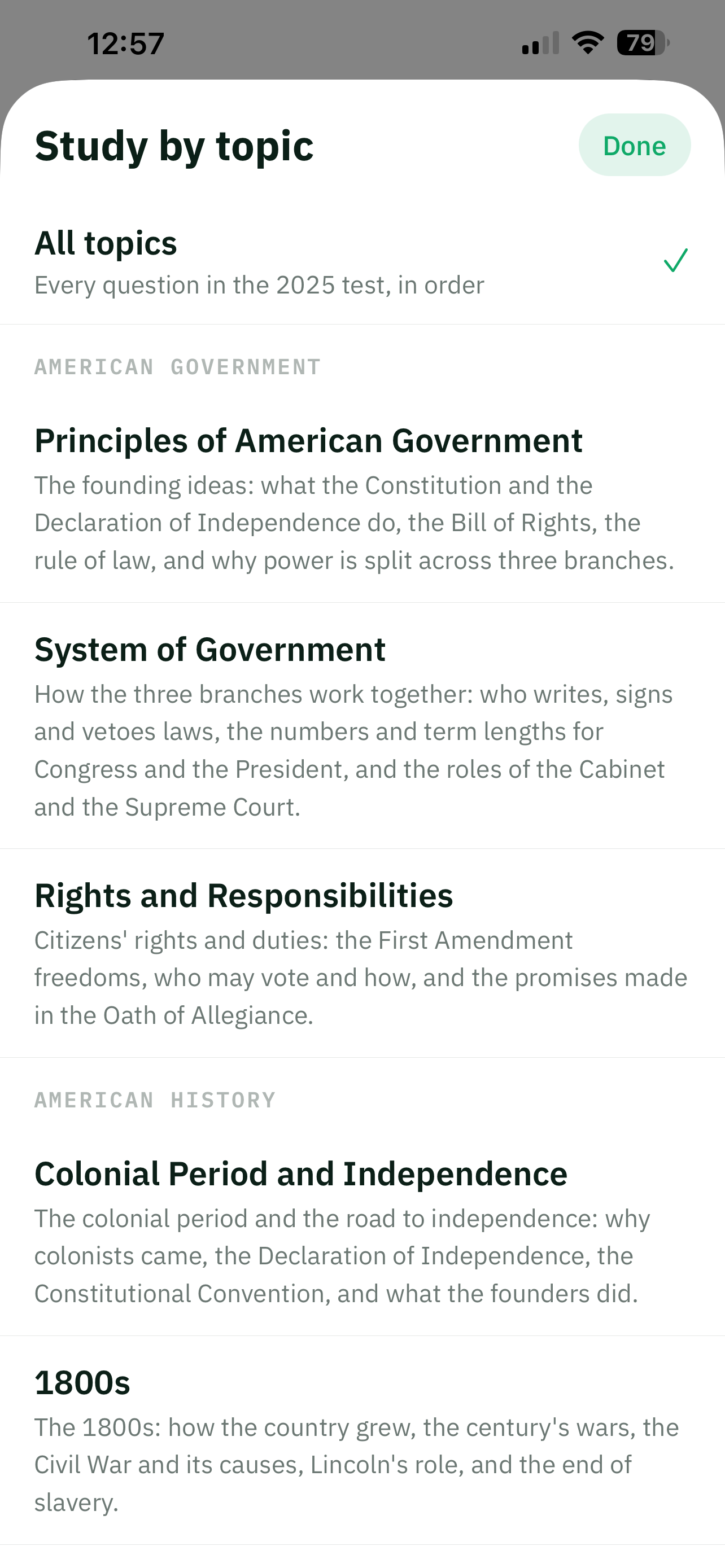 Studying the United States civics test by official section.